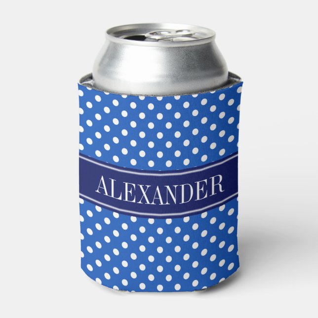 Royal Blue White Polka Dots Navy Name Monogram Can Cooler (Can Front)