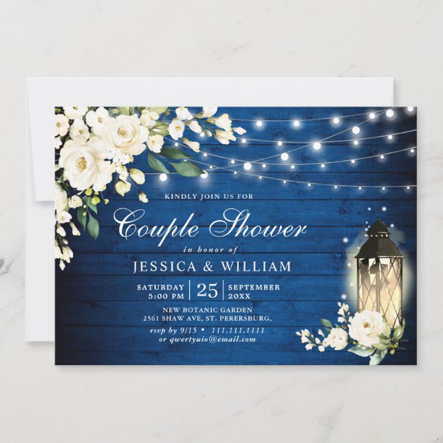 Royal Blue White Rose Lantern Rustic Couple Shower Invitation (Front)