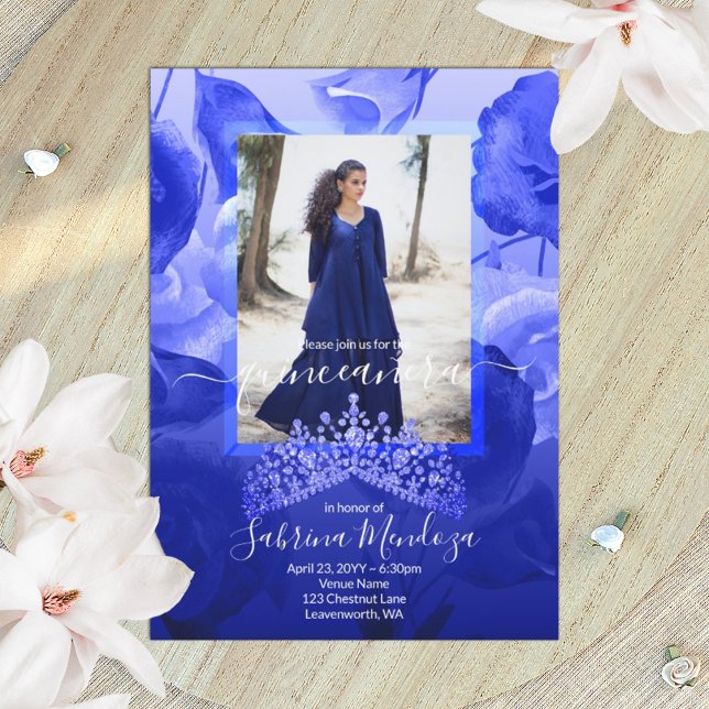 Royal Blue, White Roses, Topaz Tiara Quinceanera Invitation (royal blue, aquamarine rhinestone tiara quinceanera invitation with blue roses)