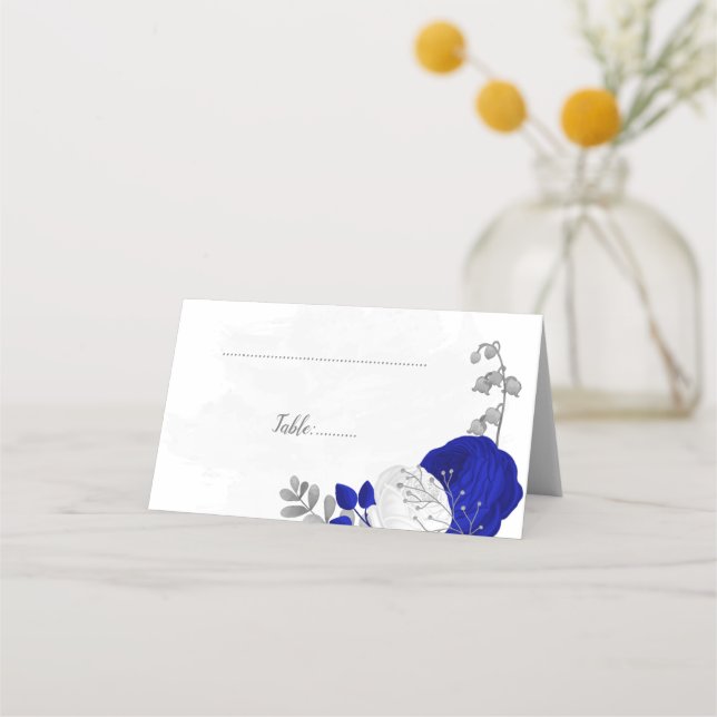 royal blue & white silver botanical wedding place  card (Front)