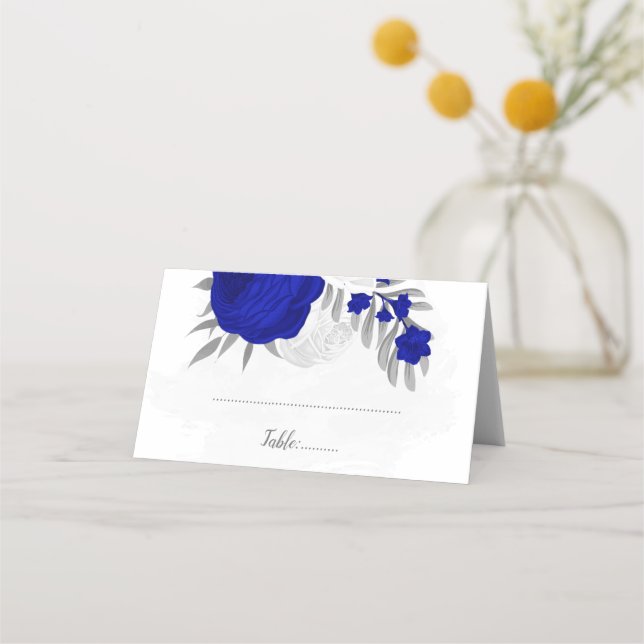 royal blue & white silver botanical wedding place card (Front)