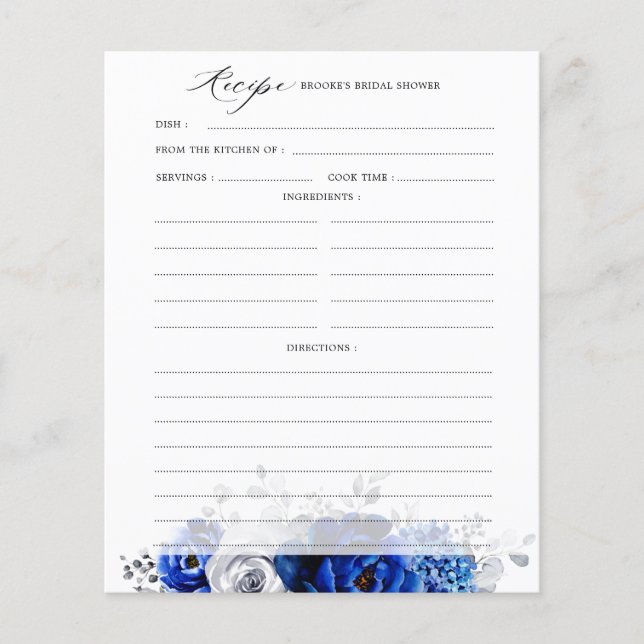 Royal Blue White Silver Bridal Shower Recipe (Front)