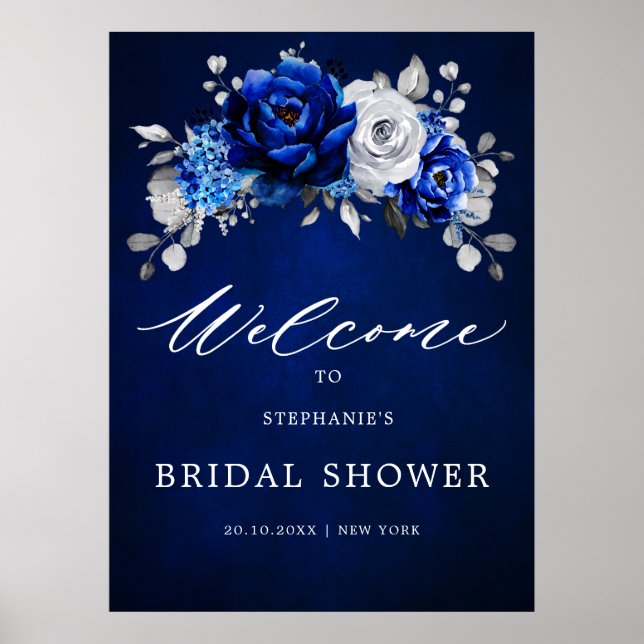 Royal Blue White Silver Bridal Shower Welcome Post Poster (Front)