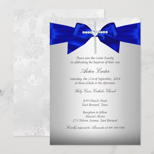 Royal Blue White Silver Cross Baptism Invitation (Front/Back)