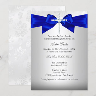 Royal Blue White Silver Cross Baptism Invitation