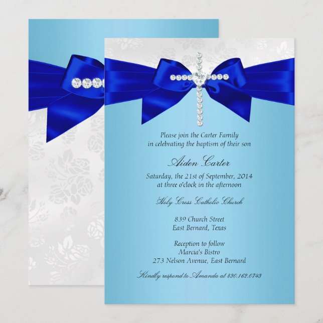 Royal Blue White Silver Cross Boys Baptism Invitation (Front/Back)