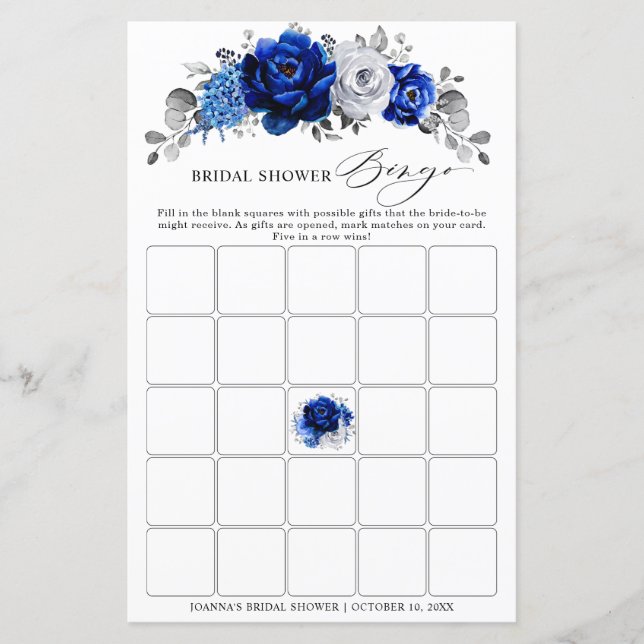 Royal Blue White Silver Floral Bridal Shower Bingo (Front)