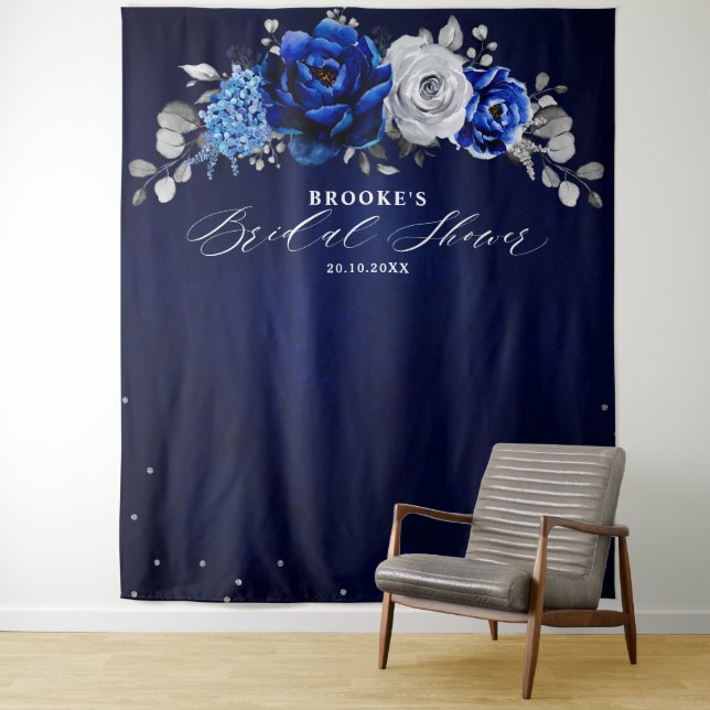 Royal Blue White Silver Floral Bridal shower Tapes Tapestry (In Situ)