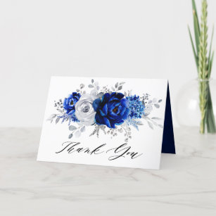 Royal Blue White Silver Floral Bridal Shower Thank You Card