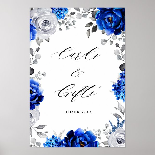 Royal Blue White Silver Floral Cards & Gifts Poste Poster (Front)