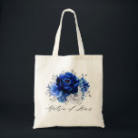 Royal Blue White Silver Floral Matron of Honour Tote Bag<br><div class="desc">Elegant royal blue white silver theme wedding bridesmaid gift tote bag featuring elegant bouquet of royal blue,  Navy,  silver,  pure white colour rose flowers buds and sage green eucalyptus leaves. Please contact me for any help in customisation or if you need any other product with this design.</div>