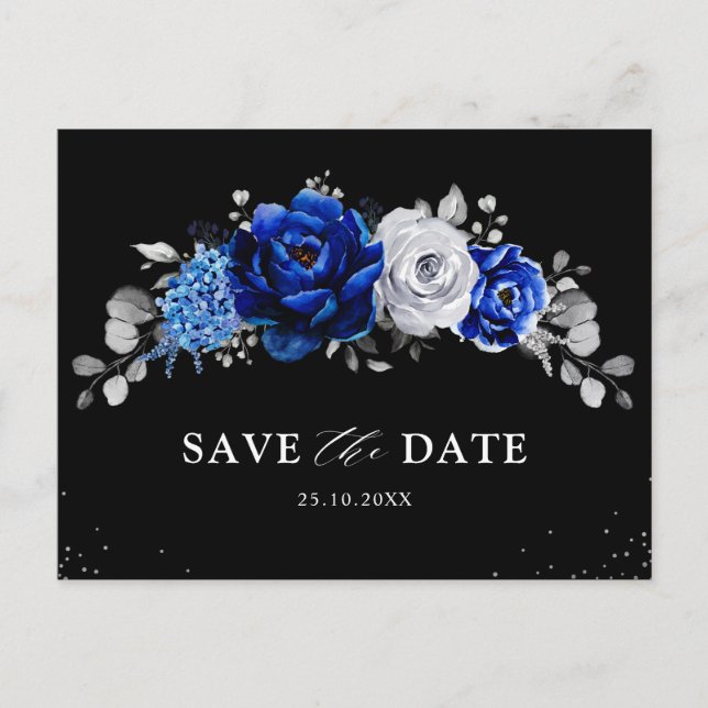 Royal Blue White Silver Floral Save the Date Postc Postcard (Front)