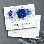 Royal Blue White Silver Floral Save the Date Postcard<br><div class="desc">Elegant royal blue white silver theme wedding save the date postcard featuring elegant bouquet of royal blue,  Navy,  silver,  pure white colour rose flowers buds and sage green eucalyptus leaves. Please contact me for any help in customisation or if you need any other product with this design.</div>