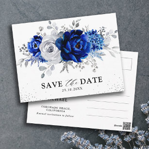 Royal Blue White Silver Floral Save the Date Postcard
