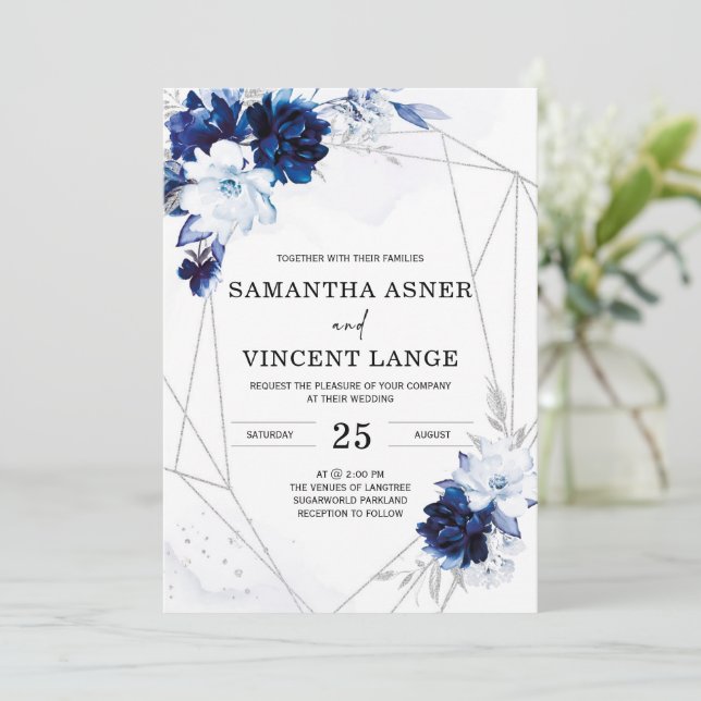 Royal Blue White Silver Floral Wedding Invitation (Standing Front)