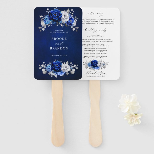 Royal Blue White Silver Floral Wedding Program Hand Fan (Front and Back)