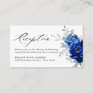 Royal Blue White Silver Floral Wedding Reception Enclosure Card