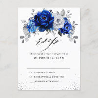 Royal Blue White Silver Floral Wedding RSVP