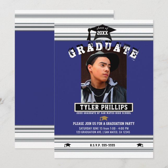 Royal Blue White Silver Graduation Photo Party  Invitation (Front/Back)