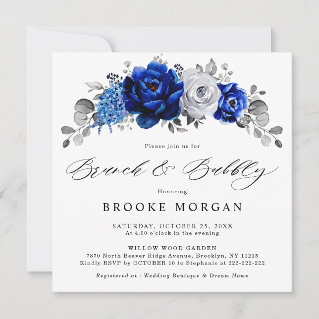 Royal Blue White Silver Metallic Brunch and Bubbly Invitation (Front)