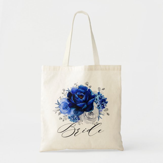 Royal Blue White Silver Metallic Floral Bride Tote Bag (Front)