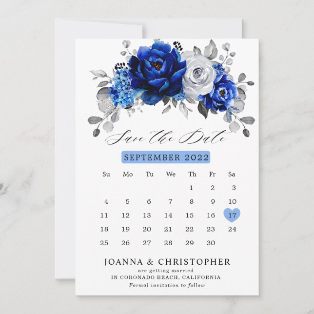 Royal Blue White Silver Metallic Floral calendar S Save The Date (Front)