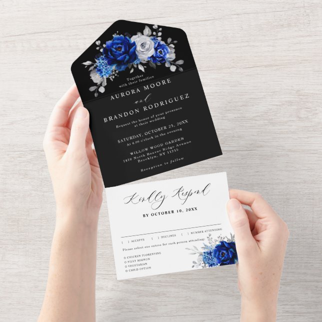 Royal Blue White Silver Metallic Floral Wedding Al All In One Invitation (Tearaway)