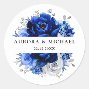 Royal Blue White Silver Metallic Floral Wedding Classic Round Sticker
