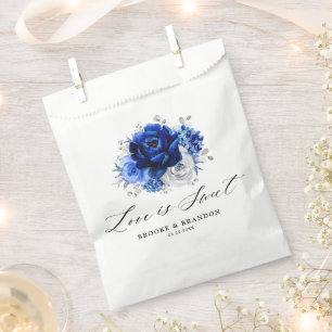 Royal Blue White Silver Metallic Floral Wedding Favour Bags