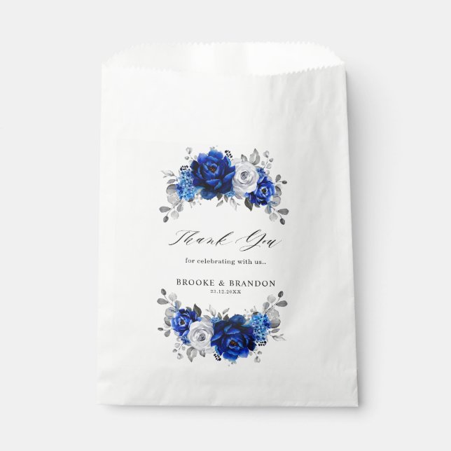 Royal Blue White Silver Metallic Floral Wedding Favour Bags (Front)
