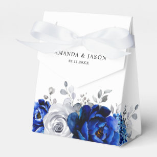 Royal Blue White Silver Metallic Floral Wedding Favour Box