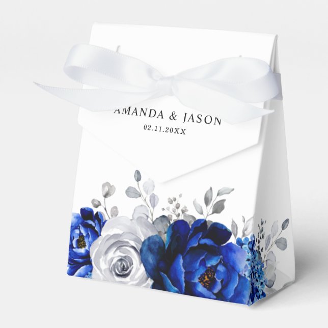 Royal Blue White Silver Metallic Floral Wedding Favour Box (Front Side)