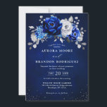 Royal Blue White Silver Metallic Floral Wedding In Invitation<br><div class="desc">Elegant royal blue white silver theme wedding Invitation featuring elegant bouquet of royal blue,  Navy,  silver,  pure white colour rose flowers buds and sage green eucalyptus leaves. Please contact me for any help in customisation or if you need any other product with this design.</div>