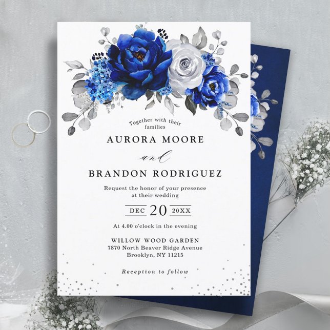 Royal Blue White Silver Metallic Floral Wedding In Invitation (Creator Uploaded)