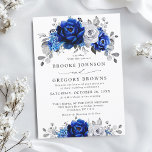 Royal Blue White Silver Metallic Floral Wedding Invitation<br><div class="desc">Elegant royal blue white silver theme wedding Invitation featuring elegant bouquet of royal blue,  Navy,  silver,  pure white colour rose flowers buds and sage green eucalyptus leaves. Please contact me for any help in customisation or if you need any other product with this design.</div>
