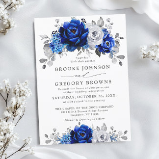 Royal Blue White Silver Metallic Floral Wedding Invitation