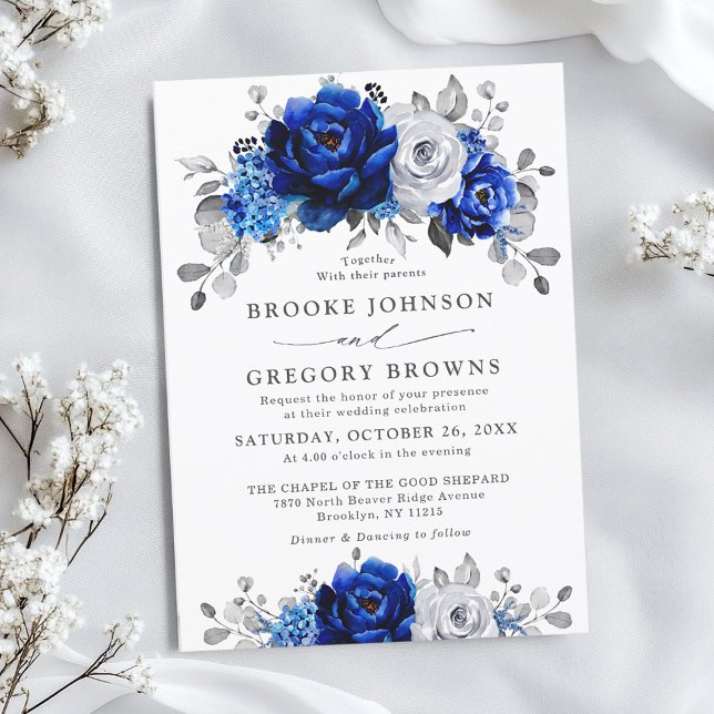 Royal Blue White Silver Metallic Floral Wedding Invitation (Royal blue silver / White metallic grey floral wedding invitation)