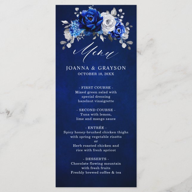 Royal Blue White Silver Metallic Floral Wedding Menu (Front)