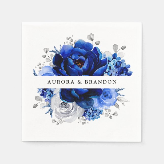 Royal Blue White Silver Metallic Floral Wedding Napkin (Front)
