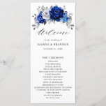 Royal Blue White Silver Metallic Floral Wedding Programme<br><div class="desc">Elegant royal blue white silver theme wedding program featuring elegant bouquet of royal blue,  Navy,  silver,  pure white colour rose flowers buds and sage green eucalyptus leaves. Please contact me for any help in customisation or if you need any other product with this design.</div>