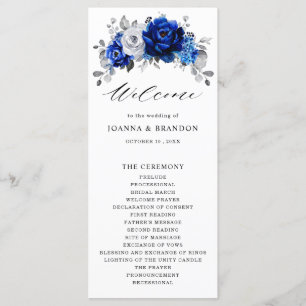 Royal Blue White Silver Metallic Floral Wedding Programme