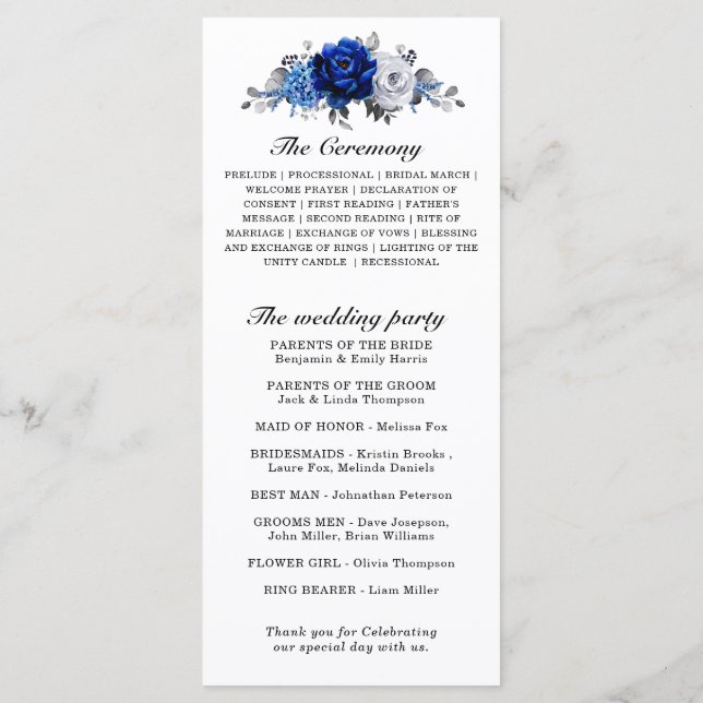 Royal Blue White Silver Metallic Floral Wedding Programme (Back)