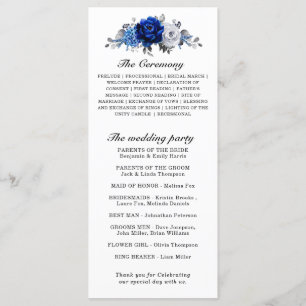 Royal Blue White Silver Metallic Floral Wedding Programme