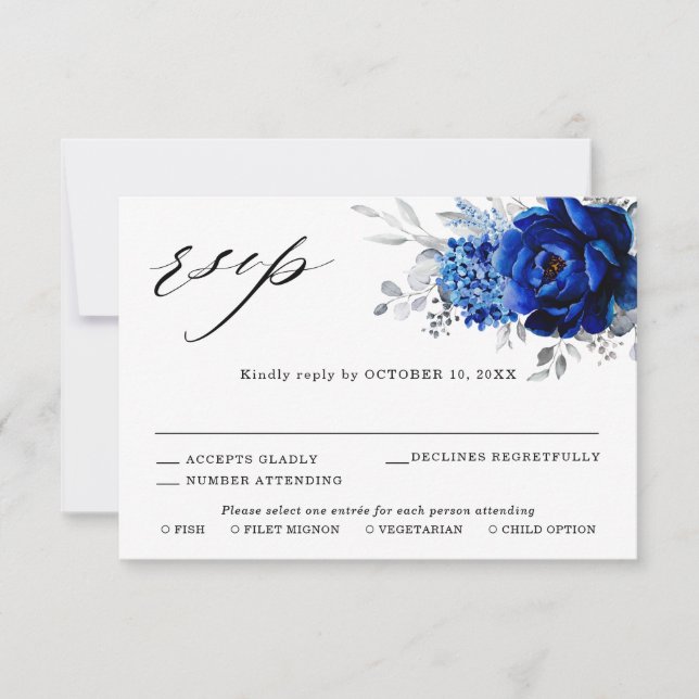 Royal Blue White Silver Metallic Floral Wedding RSVP Card (Front)