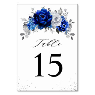 Royal Blue White Silver Metallic Floral Wedding Ta Table Number