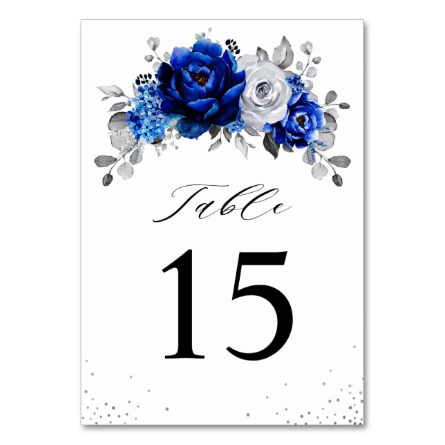 Royal Blue White Silver Metallic Floral Wedding Ta Table Number (Front)
