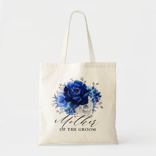 Royal Blue White Silver Metallic Floral Wedding To Tote Bag (Front)