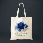 Royal Blue White Silver Metallic Floral Wedding To Tote Bag<br><div class="desc">Elegant royal blue white silver theme wedding bridesmaid gift tote bag featuring elegant bouquet of royal blue,  Navy,  silver,  pure white colour rose flowers buds and sage green eucalyptus leaves. Please contact me for any help in customisation or if you need any other product with this design.</div>