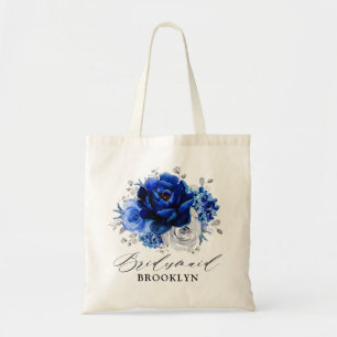 Royal Blue White Silver Metallic Floral Wedding To Tote Bag