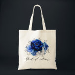 Royal Blue White Silver Metallic Floral Wedding To Tote Bag<br><div class="desc">Elegant royal blue white silver theme wedding bridesmaid gift tote bag featuring elegant bouquet of royal blue,  Navy,  silver,  pure white colour rose flowers buds and sage green eucalyptus leaves. Please contact me for any help in customisation or if you need any other product with this design.</div>
